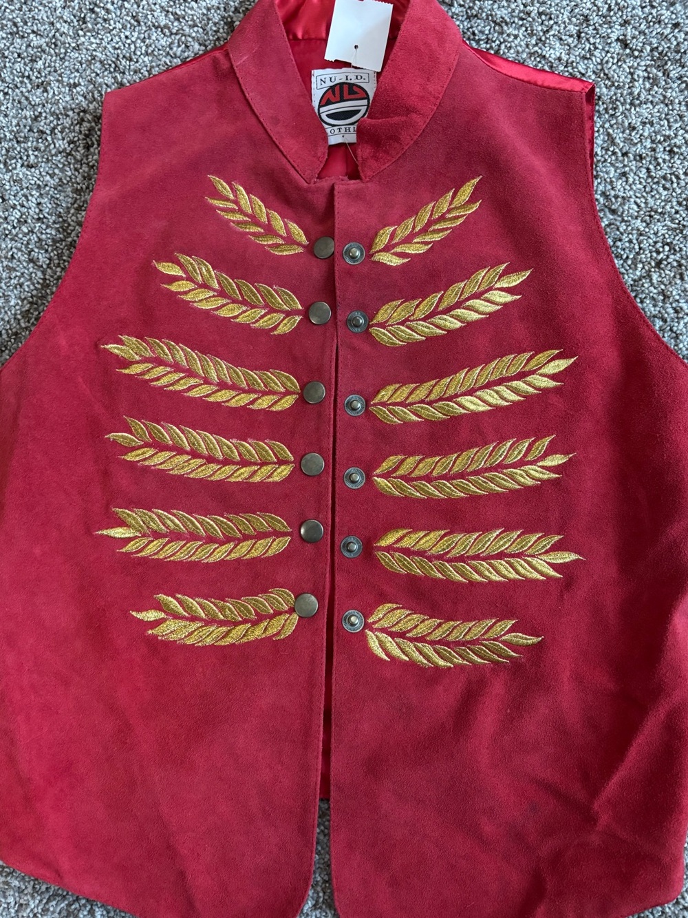 Vintage N.U.id NEW Red Suede Military-Style Vest with Gold Embroidered Laurel
